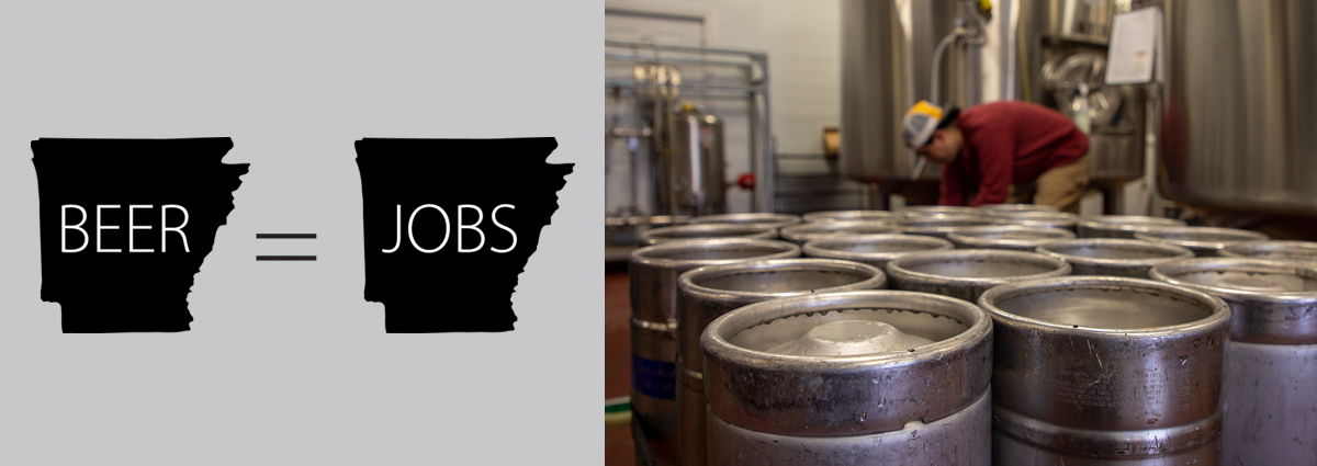 Arkansas Brewers Guild Logo and photo of sweating silver beer kegs.